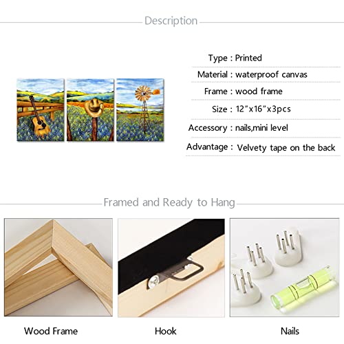 Sechars 3 Piece Texas Canvas Wall Art Bluebonnets Field Farm Windmill Landscape Painting Western Decor Cowboy Hat Guitar Pictures Art For Farmhouse Home Living Room Decor Ready To Hang (Small) #TOP5