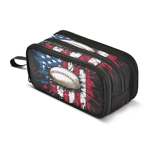 Image of American Flag Baseball Pencil Case 3 Compartment Pen Bag Pouch Holder Box School Portable Stationery Storage Bag for Girls Boys