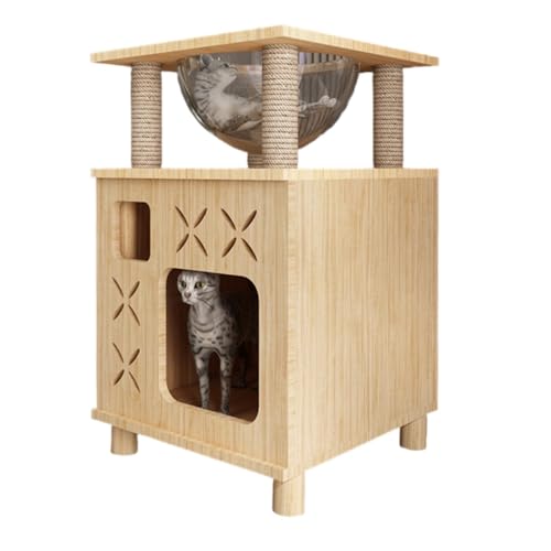 RoastMe猫タワー木製猫ベッド木目調スタイル省スペースコンパクト猫タワー天然松丈夫で安定した耐荷重麻縄透明宇宙船猫用遊び場休憩爪研ぎ器多機能家具室内装飾猫のおもちゃ簡単な組み立て (H)