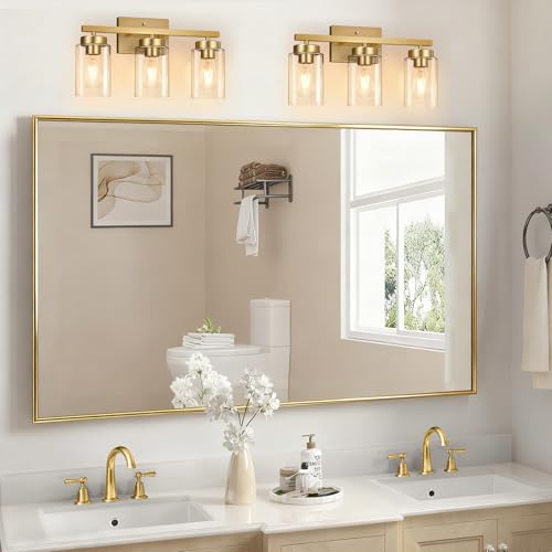 Image of IZORRO Bathroom Light Fixtures, Modern Vanity Lights, Bathroom Lighting Fixtures Over Mirror with Clear Glass Shade, Wall Sconce for Living Room Cabinet Bedroom (Brushed Gold, 3-Light)