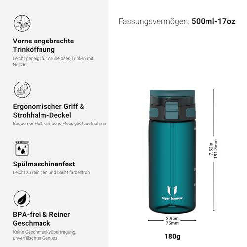 Super Sparrow Trinkflasche Kinder - TouchSip Wasserflasche - 500ml - BPA-frei - Ideale Sportflasche - Strohhalm Tritan Flasche für Kinder, Sport, Outdoor und Camping - Leicht