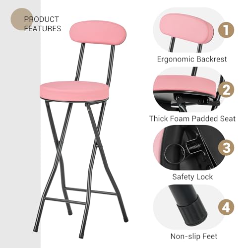 fusehome Cushioned Padded Folding Stool, Folding Bar Stool with Backrest, Collapsible Roud Foldable Chair for Kitchen Island, Shop Cafe, Camping, Fishing (Pink one) - Image 6