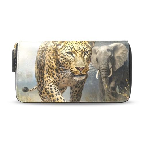MNSRUU Womens Wallet Purses, Leopard Elephant Walk Clutch Purses for Women RFID Blocking Credit Card Holder Wallet Leather Zipper Coin Purse