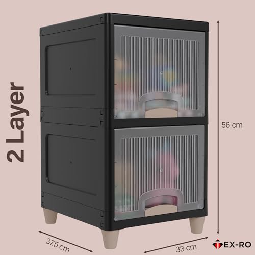 Image of TEX-RO 2XL Multipurpose Plastic Storage Cabinet with Drawers & Shelves | Wardrobe Organizer for Clothes | Toys & Books | Space-Saving Home Storage Cupboard | Black & Transparent