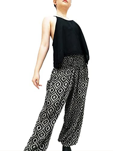 Women Harem Pants Thai Cotton Pants Aladdin Pants Genie Pant Baggy Trouser (Gray & black 1)