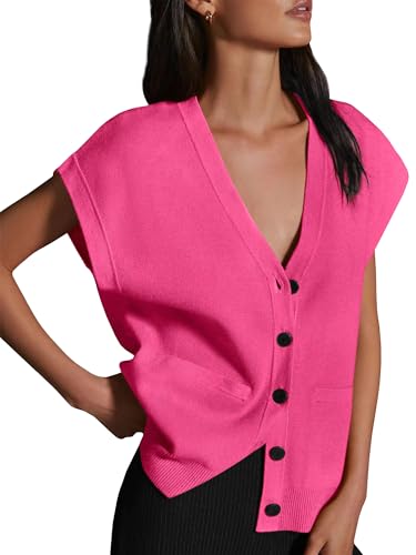 Image of Womens Cardigan Sweater Vest Lightweight V Neck Button Down Cap Sleeve Knit Tops Loose Sleeveless 2025 Spring Outfits