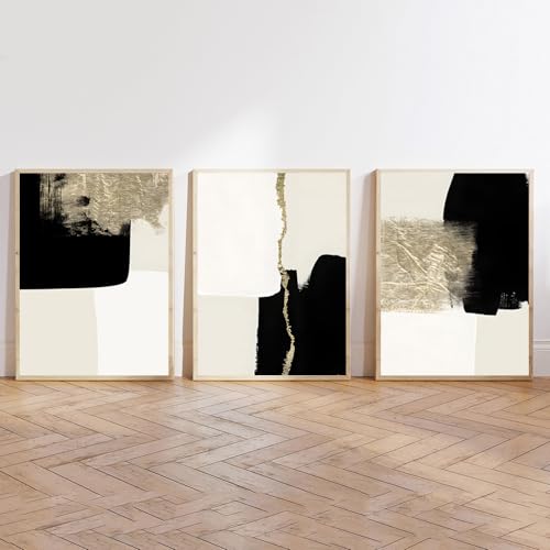 LUHDFYS Arte abstracto para pared, bloques geométricos de color negro y dorado, lienzo, decoración de pared, arte minimalista, impresiones geométricas de mediados de siglo, bloques negros y dorados,
