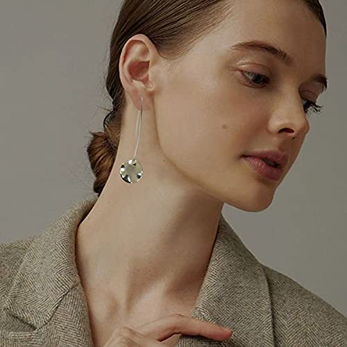 Gimefive Just Follow Shiny Hammering Circle Disc Small Dangle Drop Hanging Earrings Long Hoops Geometric Brushed Gold Round Filled Everyday Jewelry For Women And Girl (Long Design- Silver) #TOP2