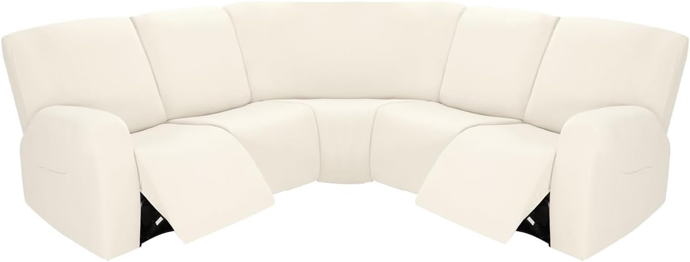 PureFit 7-Pieces Sectional Sofa Covers, Extra Large Sectional Recliner Couch Covers for Reclining L Shape Couches Sofas, Stretch Washable Fleece Sofa Slipcovers with Pockets, 5 Seat, Beige Beige 5 Seat L-shaped