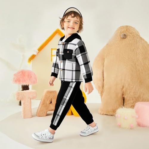 Image of Toddler Boy Clothes Plaid Hooded Shirt White T-shirt Top and Solid Color Pants 3Pcs Winter Boys Clothes