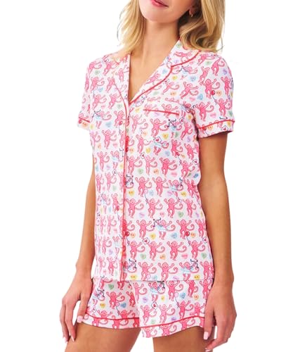 Image of Womens Y2k Preppy Pajamas Set, 2 Piece Button Down Monkey Beach Shorts Set Holiday Vacation Loungewear Pjs for Jammies Back to School Party Birthday Gifts(Be My Monkey, Small)