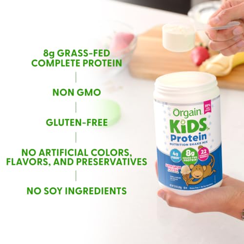 Image of Orgain Kids 8g Grass-Fed Dairy Protein Powder, Vanilla Bean Ice Cream, 1lb | Powder shake mix, 4g fiber, 22 vitamins & minerals, gluten free, no soy, adds nutritents to snacks, for shakes & smoothies
