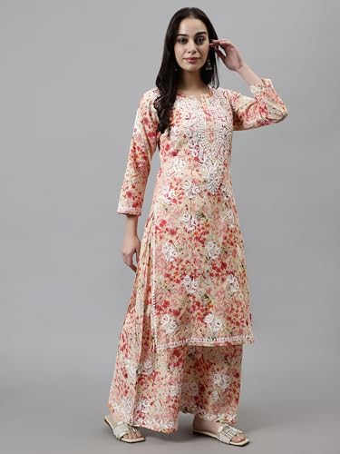 Image of Seva Chikan Hand Embroidered Lucknowi Chikankari Mal Mal Straight Printed Kurta & Palazzo Set for Women SCL8041