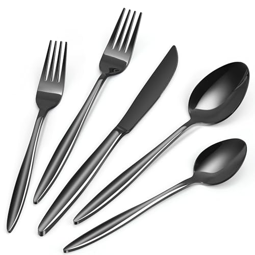 PUREAIN Silverware Set, 40 Pieces Flatware Set for 8, Anti-rust Stainless Steel Cutlery Set Including Fork Spoon and Knife, Dishwasher Safe, Black PUREAIN Silverware Set, 40 Pieces Flatware Set for 8, Anti-rust Stainless Steel Cutlery Set Including Fork Spoon and Knife, Dishwasher Safe, Black