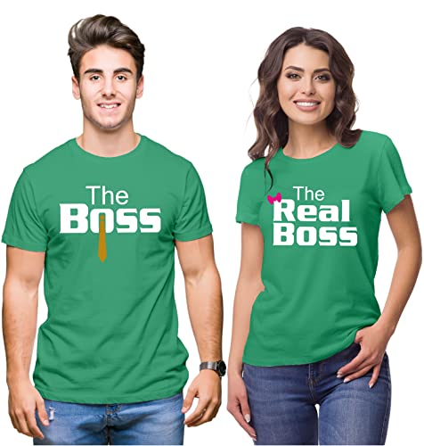 Image of Hangout Hub Hangout-Hub024$P Couple Tshirts for Couples | Printed The Boss The Real Boss T-Shirts | Men's and Women's Round Neck T-Shirt (Pack of 2, Cotton, Half Sleeves)