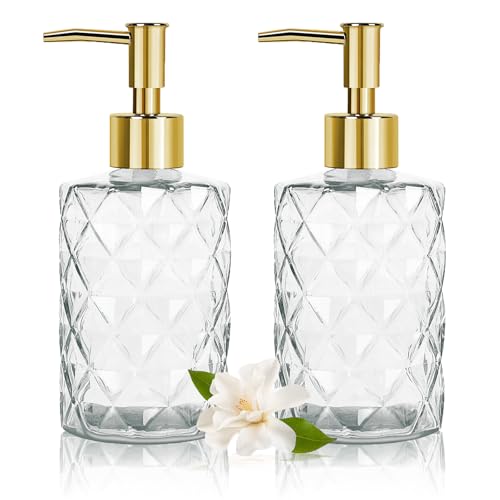 ZQFHSX Dispensador de jabón de Vidrio Transparente (2 Unidades), champú y acondicionador con Bomba Dorada, Botellas de loción rellenables de 325 ml para Cocina, baño, Hotel y encimera.
