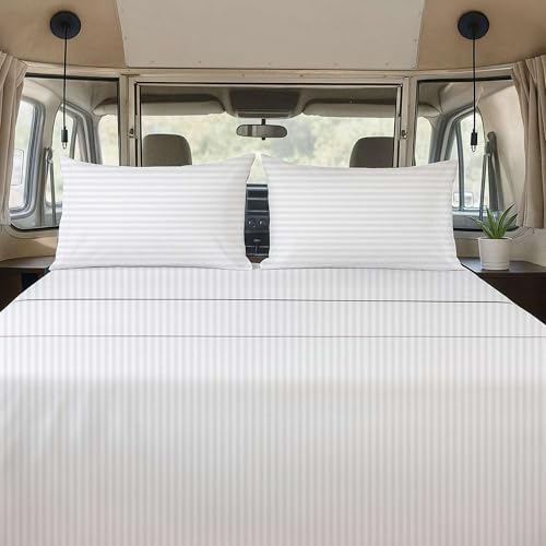 Ready To Rest RV Short King (72x75) Sheet Set 4 Piece - White Stripe, Deep Pocket Fitted Sheet for 15 Inch Mattress, Soft Microfiber, Ideal for Bunks in Campers, Vans, Trailers, Motorhomes