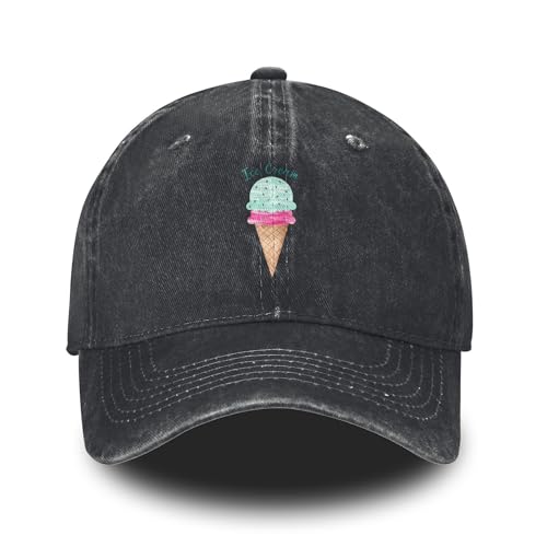 Ice Cream Printed Baseball Cap Adjustable Vintage Washed Distressed Denim Trucker Hat for Women Men
