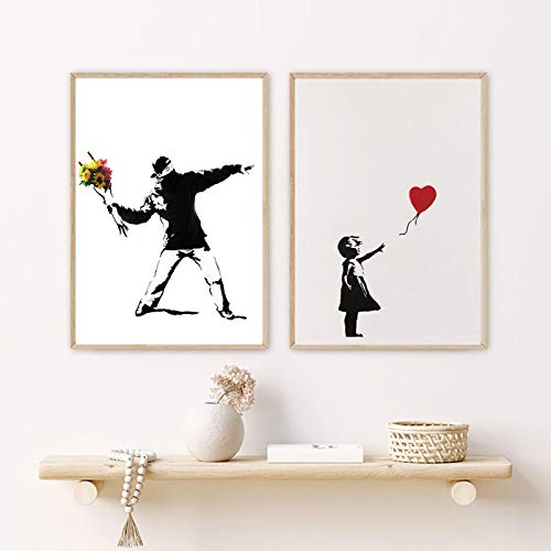 Toile Peinture Fille avec Ballon Rouge Graffiti Art Décoration Salon 60x90cm