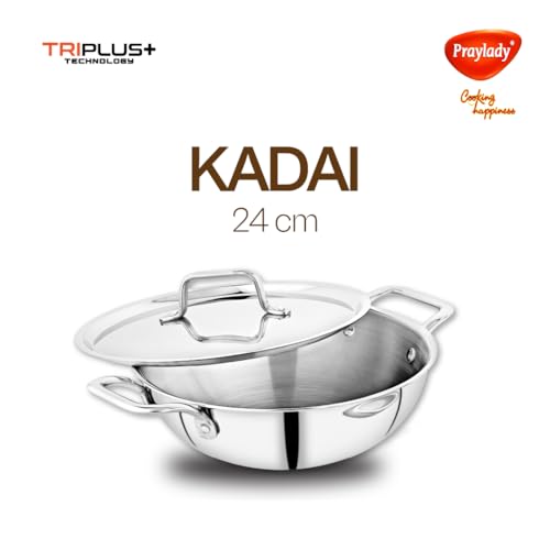 Image of Praylady TRIPLUS 3-Piece Triply Cookware Set | 24cm Kadai + 24cm Lid + 22cm Frypan | Triple-Layered Stainless Steel-Aluminum | Works on Induction, Gas & All Cooktops(3-Piece Triply Cookware Set)