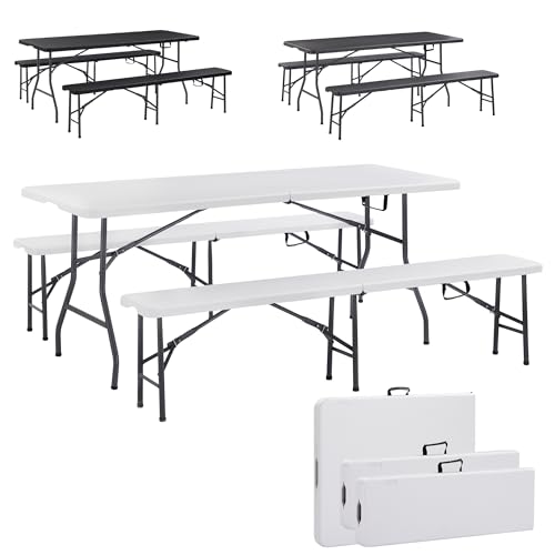 Arebos | Mesa Plegable y 2 Bancos | Mesa Plegable Portatil | Blanco | 180 x 75 x 74 cm | MAX 150 kg | Mesa Plegable Camping