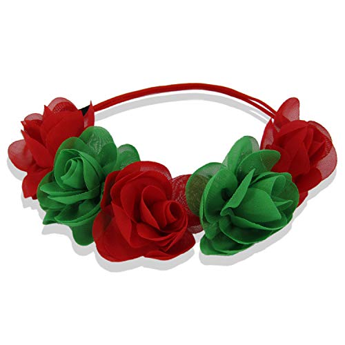 Christmas Holiday Elastic Stretch Headband Flower Crown with Red and Green Flowers