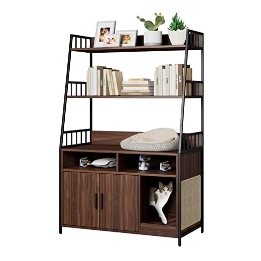 Multi-Layer Storage Shelf Hidden Cat Litter Box Enclosure Furniture, Wood Cat Washroom Furniture with Side Scratch, Cat Cabinet with 3 Shelves and 2 Storage Compartment, Cat House Indoor