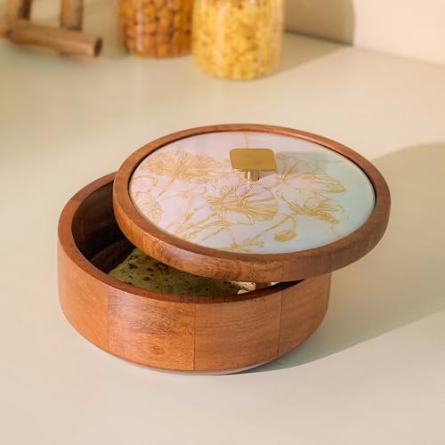 Image of Brick Brown Noor Wooden Roti Box with Lid | Solid Wood Chapati Box for Kitchen & Dining | Designer Roti Casserole /Roti Hot Pot Case | Handmade Roti Dabba Serveware | Roti Container (8x8x4.2 Inch)