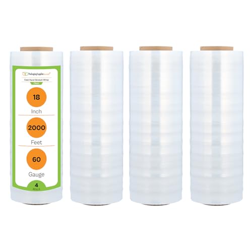 PSBM Stretch Wrap, 4 Rolls 18 Inch x 2000 Feet 60 Gauge Heavy Duty up to 800% Ultimate Stretch Clear Plastic Wrap Industrial Strength Shrink Film for Moving, Packing & Shipping