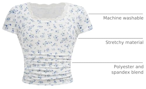Image of RoseSeek Girl's Ditsy Floral Print Lace T Shirt Short Sleeve Ribbed Ruched Cute Tee Shirts Summer Tops