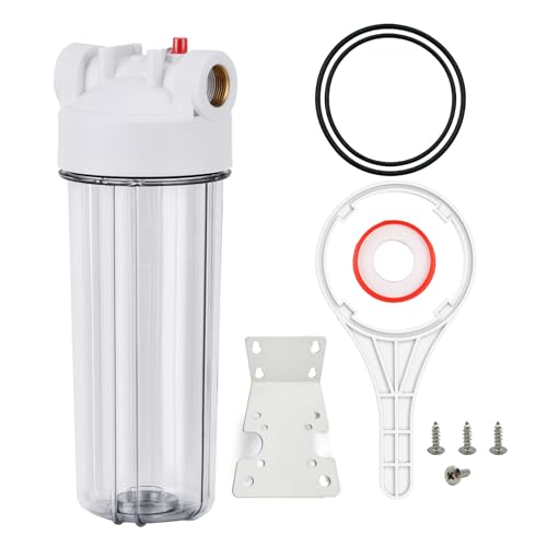 MOPUEHEL Whole House Water Filter Housing Clear,10\" X 2.5\" Inline Sediment Water Filter for RV, Home, Aquarium, Maple Syrup RO System, 3/4 NPT Brass Port, Steel Bracket - 1025TBH