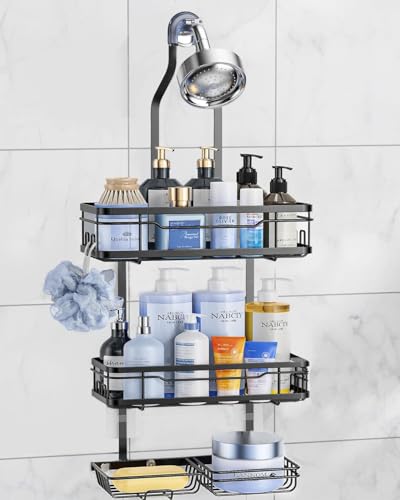 OMAIRA Shower Caddy Hanging Over the Shower Head - Rustproof Shower Organizer Hanging with Soap Scrub Holder Non-Slip Stainless Steel Bathroom Storage Rack & Shelves No Drilling Black