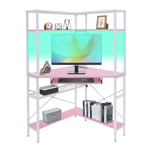 Ojseimchrl Corner Desk, Triangle Corner Computer Desk with 2 USB Ports and 2 AC sockets, Small Computer Desk with Hutch and LED Lights ComputerDesk for Small Space, Home Office Desk, Pink