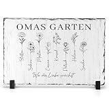 22Feels Personalisierte Schiefertafel für Oma & Enkelkinder – Geschenk zum Geburtstag, Muttertag & Weihnachten – Echter Schiefer, Weiß bedruckt mit Geburtsblumen & Namen