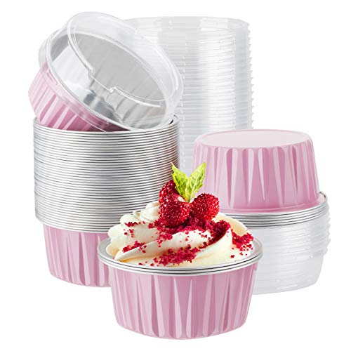 Foil Baking Cups Eusoar 50pcs 5oz 125ml Muffin Liners Cups with Lids Aluminum Cupcake liners Disposable Foil Ramekins Pans Cupcake Baking Cups Aluminum Foil Cupcake Holders Liners