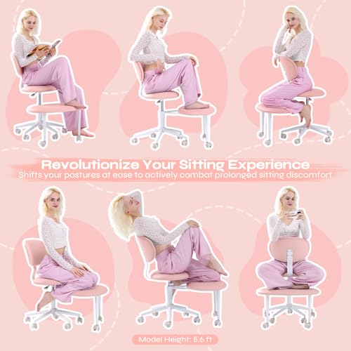 Image of Pinmoco Ergonomic Cross Legged Office Chair with Wheels, ADHD Chair for Adults, Meditation Chair, Yoga Office Chair, Comfortable Back Support, Height Adjustable,Small Spaces, PU Leather, Pink
