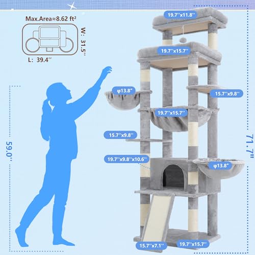 Image of Hey-brother Cat Tree Tower, Scratching Posts with Extra Large Platform and Basket, Specious Condo, 2 Cozy Hammocks, Scratch Board for Indoor Adult Cats, Maine Coon 71.7 inches, Light Gray MPJ080W