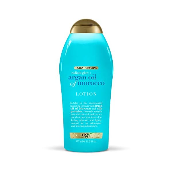 OGX Radiant Glow + Argan Oil of Morocco Extra Hydrating Body Lotion for Dry Skin, Nourishing Creamy Body & Hand Cream for Silky Soft Skin, Paraben-Free, Sulfated-Surfactants Free, 19.5 fl oz