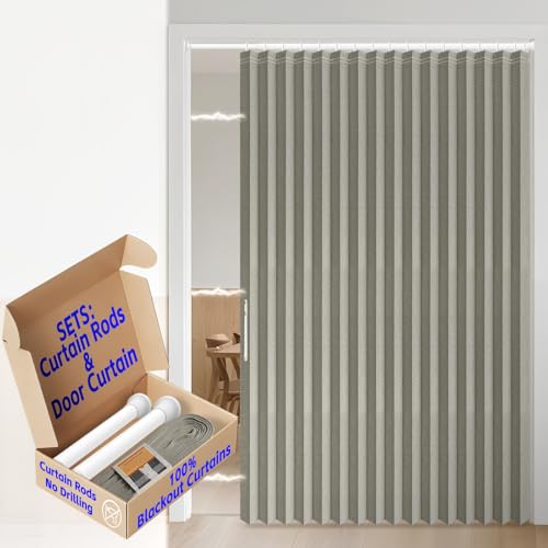 Image of AJAZZ 100% Blackout Accordion Door Curtain Invisible Accordion Doors Interior for Bedroom Living Room Doorway Curtain Sets (1 Pack, 74 W x 78 L, Grey+Rod)