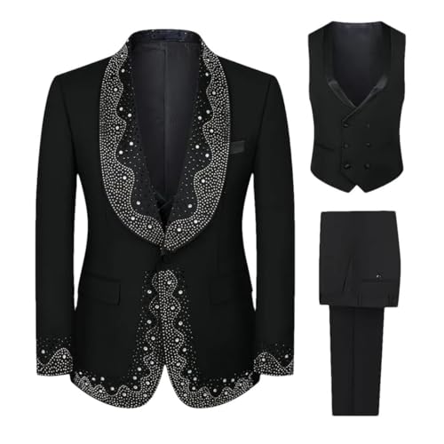 Men Shawl Lapel Long Sleeve Tuxedo Three Piece Suit with Diamonds for Wedding Prom Groom