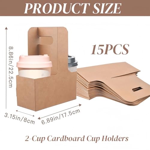 Kiuiom Porte-boissons en Carton Kraft,Porte-gobelet en Papier Kraft À Emporter,pour 2 Tasses,pour Boissons Chaudes et Froides, Plats à Emporter,Café et Restaurant,17.5 * 8 * 22.5cm (15PCS) – vue 2