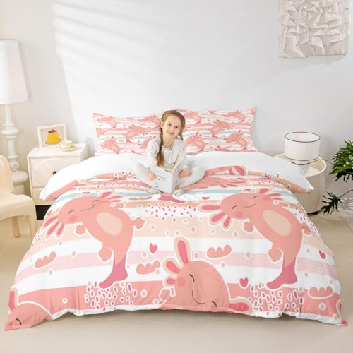 Manfei Cute Axolotl Bedding Set Queen Size,Rainbow Stripes Duvet Cover with 2 Pillowcases,Animal Theme Comforter Cover for Kids Teens Room Decor,Pink Romantic Soft Quilt Cover
