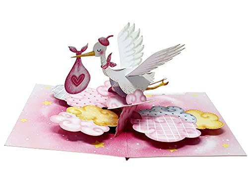 Nuevo bebé rosa grúa 3D Pop Up Card, tarjeta de cumpleaños, tarjeta de felicitación hecha a mano, regalo para niño niña, tarjeta de felicitación, mejores deseos, tarjeta de pájaro Cover