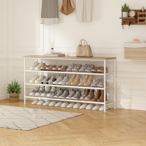 Image of SUOERNUO Shoe Rack Organizer 4 Tier for Closet Entryway Free Standing Metal Storage Shoe Shelf with MDF Top Board (White+Oak, Large 4 Tier)
