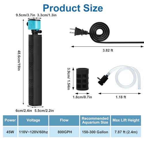 Image of DaToo Aquarium Filter 150-300Gallon Fish Tank Filter 800GPH Powerful Pump For Aquariums Adjustable Air Flow Submersible Internal Aquarium Filters For Pond Wavemaker Air Supply Freshwater And Saltwater