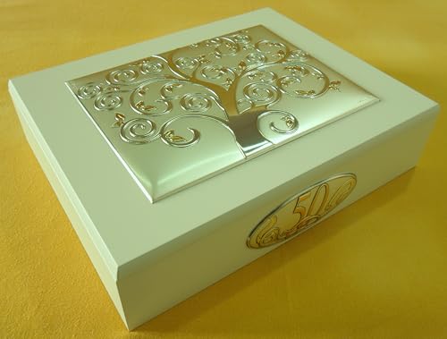 Generico NOZZE D'ORO 50° ANNIVERSARIO DI MATRIMONIO IN ARGENTO cm9x4 L'ALBERO DELLA VITA IN ARGENTO cm18x14 PORTAGIOIE COFANETTO BIANCO PORTAGIOIELLI IN LEGNO cm24x19x6 -> TUO IN 24/48h