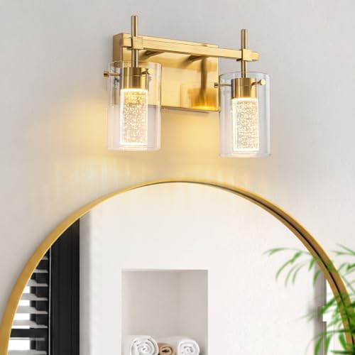 Image of 2-Light Gold Vanity Light with 3 Color Modes (3000K /4000K /6000K), Eye Protection LED Bathroom Light Fixture, Dimmable Modern Wall Light Over Mirror with Clear Glass Shade