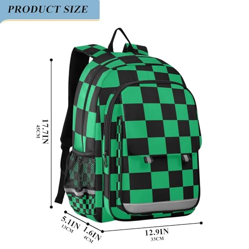 Fisyme Black and Green Plaid Checkered School Backpack Laptop Backpacks Bags Bookbag Travel Casual Computer Notebooks Daypacks2