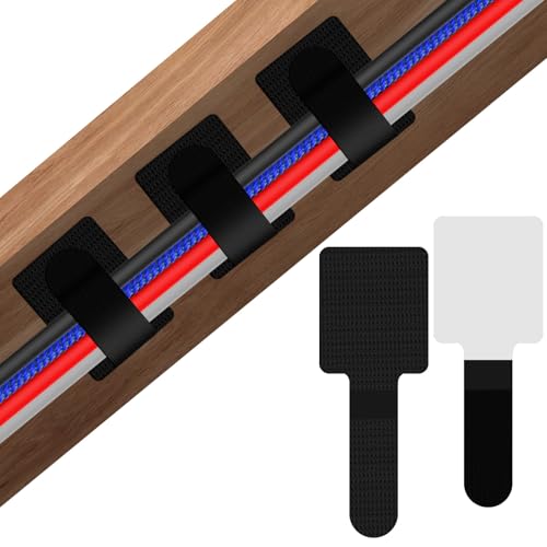 100 Pcs Hook and Loop Cable Ties, Cable Management Under Desk, Self Adhesive Cable Ties, Reusable Extension Straps for No Drill Cord Organization, Home Office (Black)
