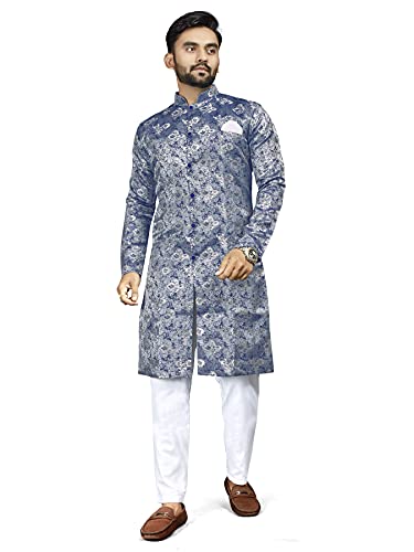 Cotton Mens Ethnic Wear Stylish Blue Kurta Pajama Long Sherwani S...